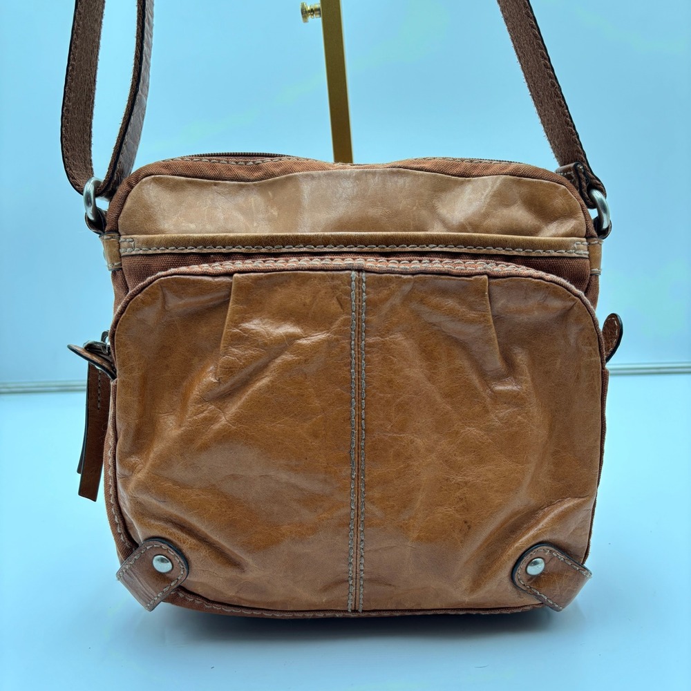 Fossil‎ Brown Leather Canvas Messenger Crossbody Bag Small Casual Shoulder